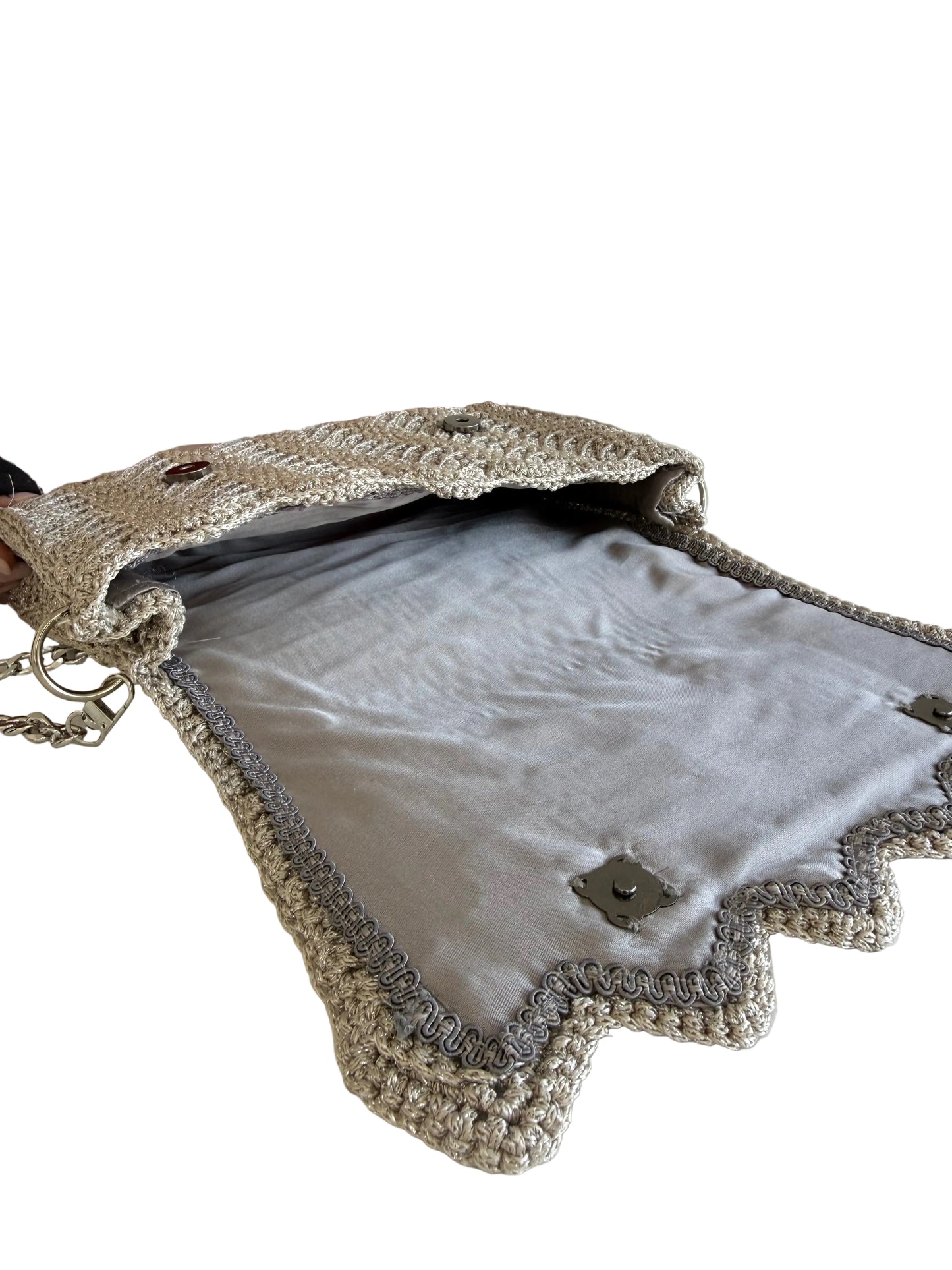Handmade Crochet Bag Μπεζ & Ασημί