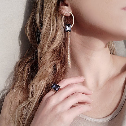 Shining power crystal earrings with chains Μωβ